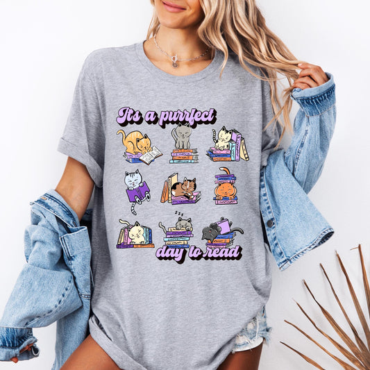 Bookish cats - it’s a purrfect day to read- Book Tee, Reading Shirt, Book Lover T-shirt | bookish gifts | book merch | apparel | tshirts